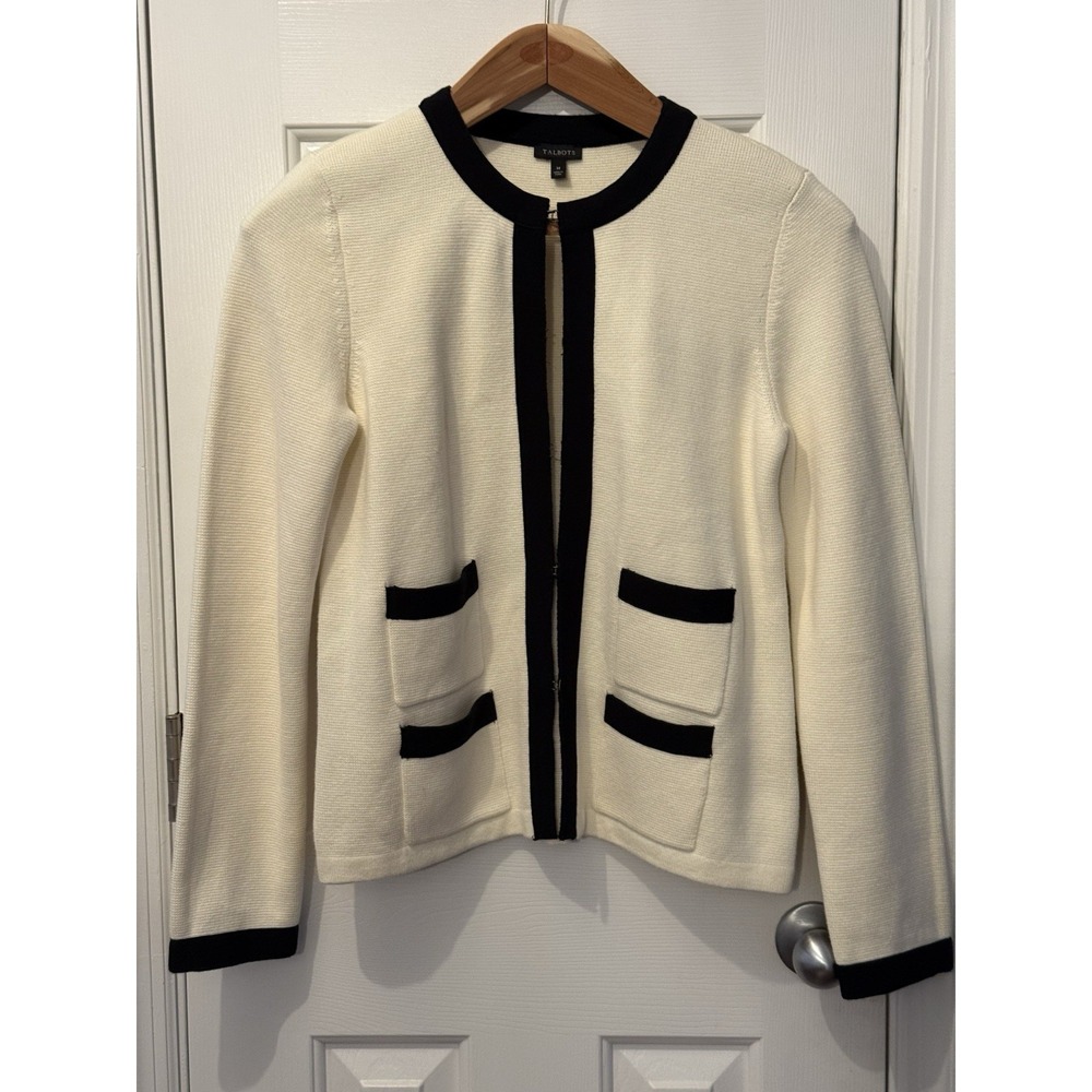 Talbots Ivory Black Knit Cardigan M Cotton Classic Timeless Professional Preppy
